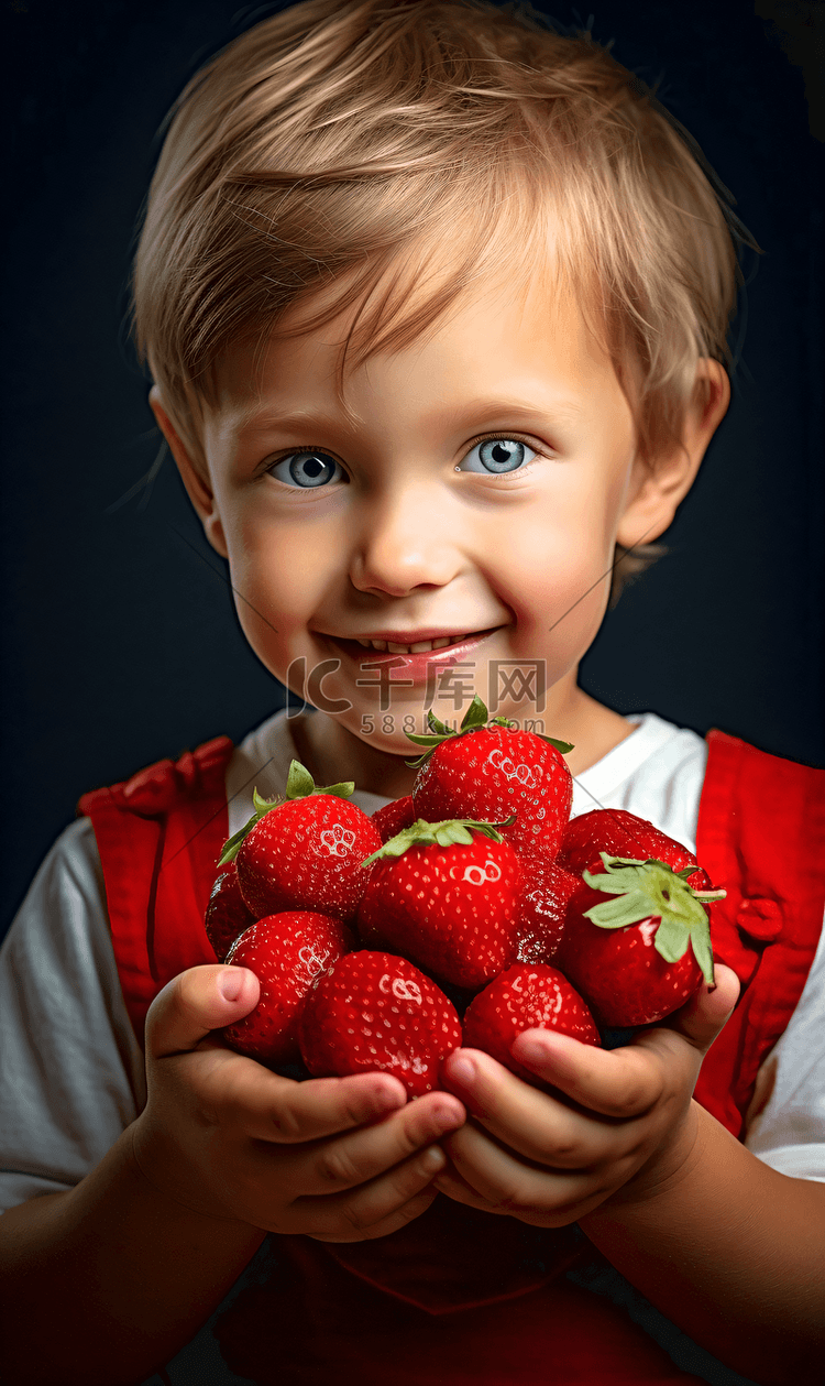 拿着草莓开心的小男孩