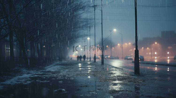 冬天雨雪天气城市寒冷氛围背景(