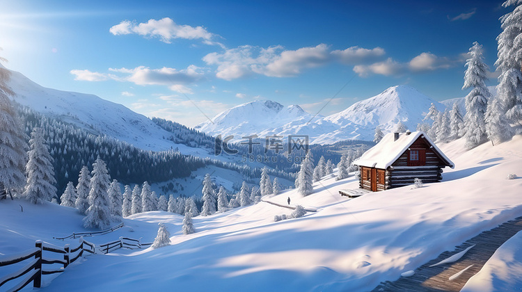 雪山中的一间小屋2背景图片