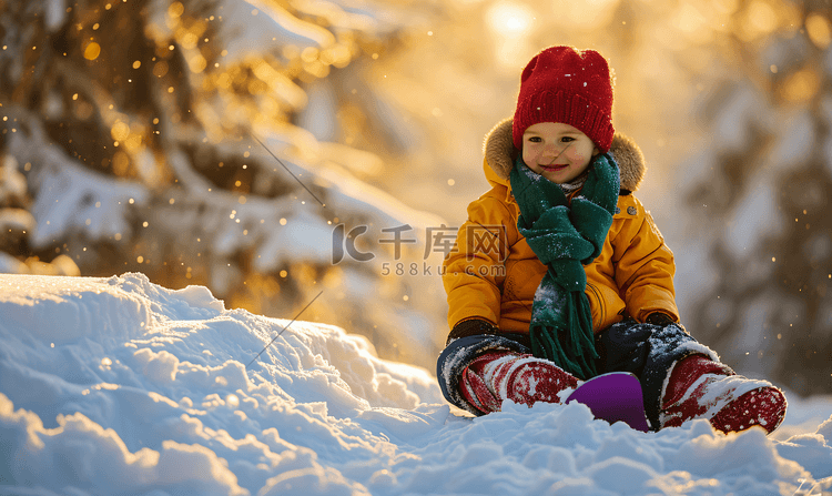 小男孩在雪地中滑雪车