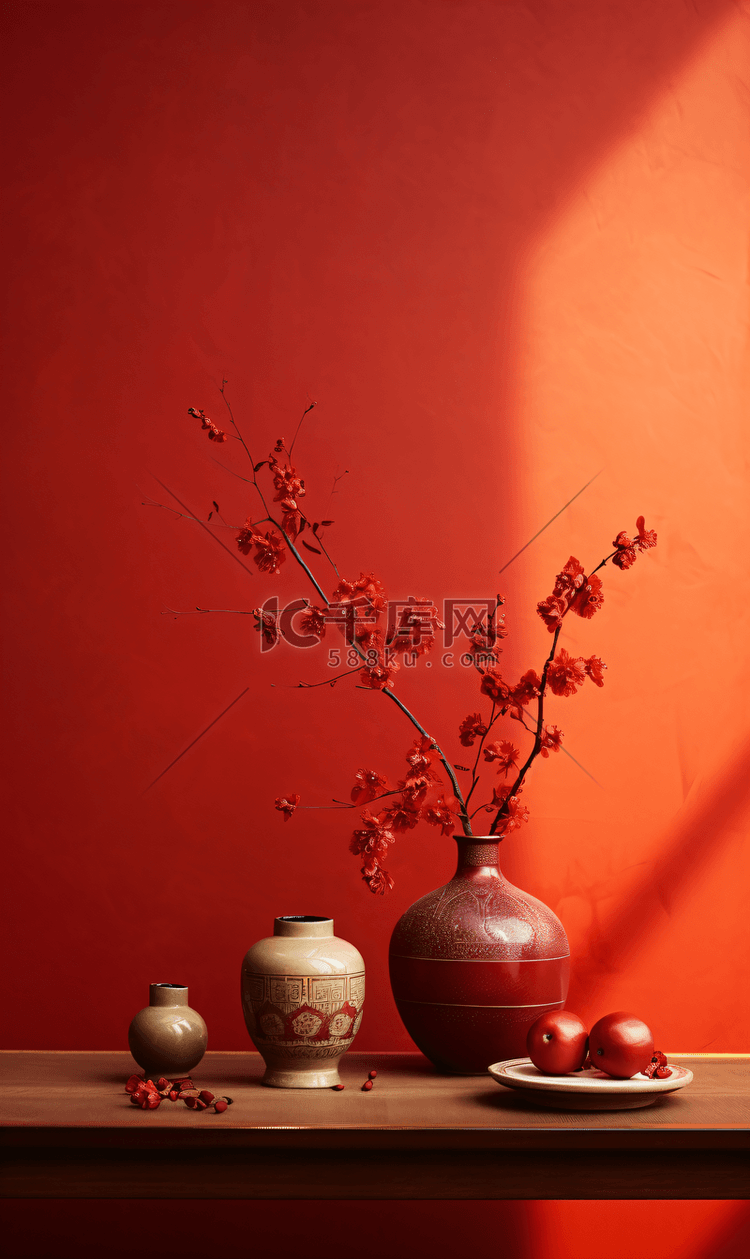 红色背景花瓶静物