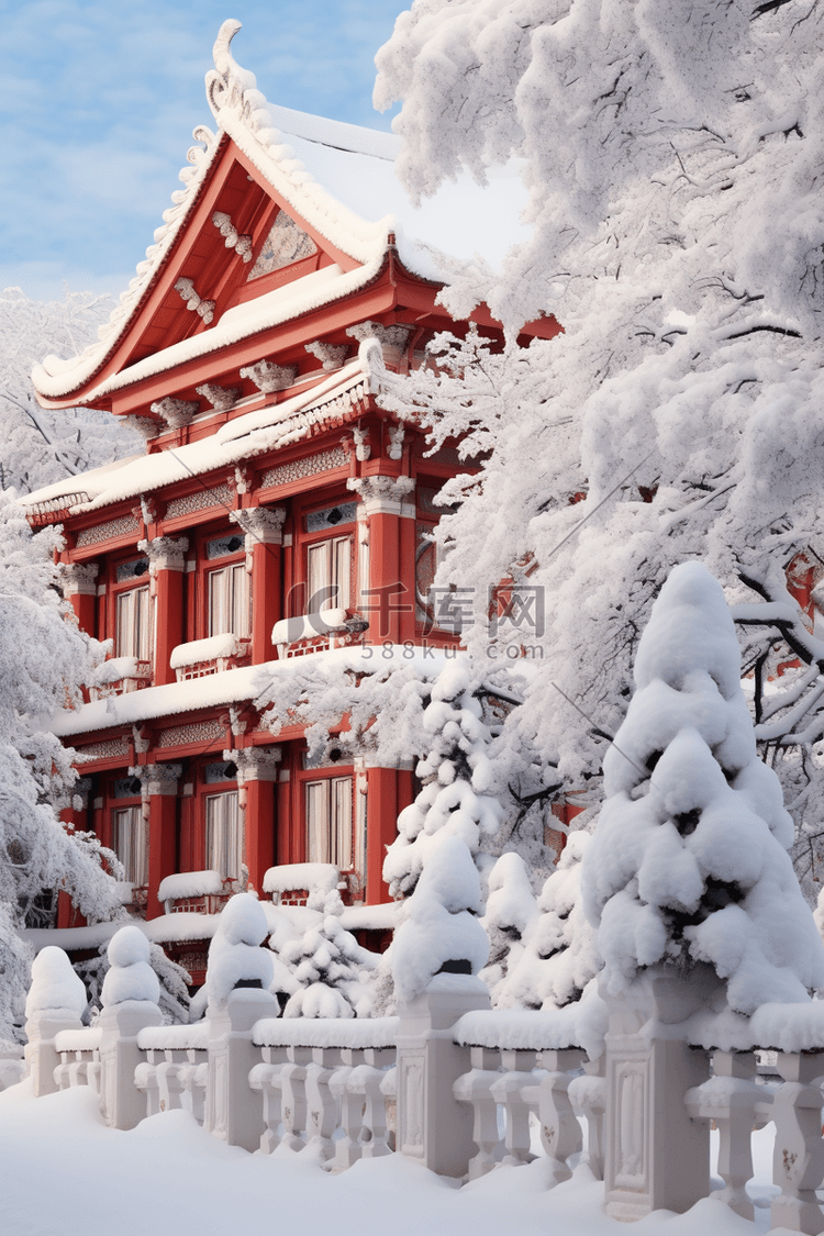 雪景背景古典建筑摄影图