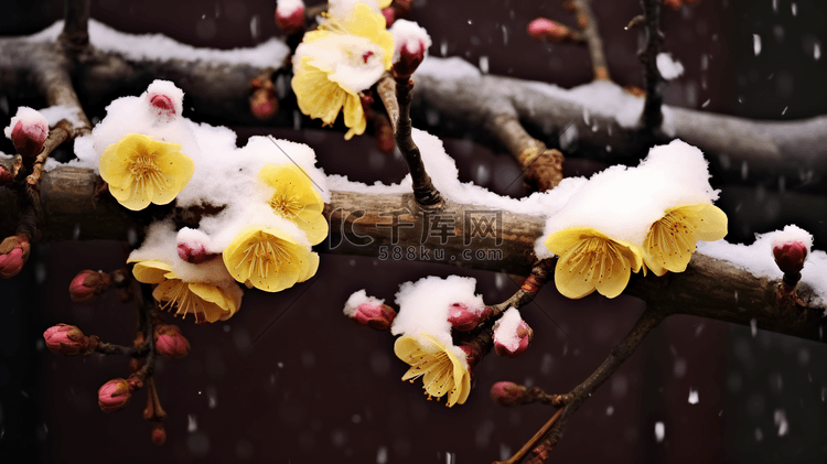 雪中盛放的黄色腊梅特写图片