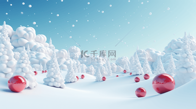 冬季雪景红球风景立体唯美背景图