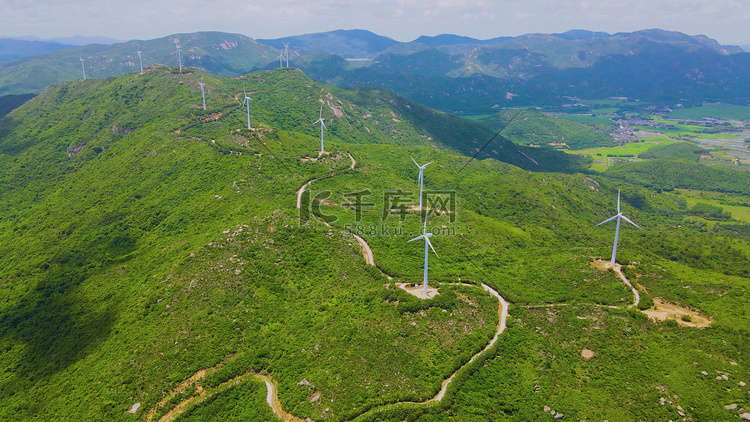 山顶草原风力发电风车航拍祖国山