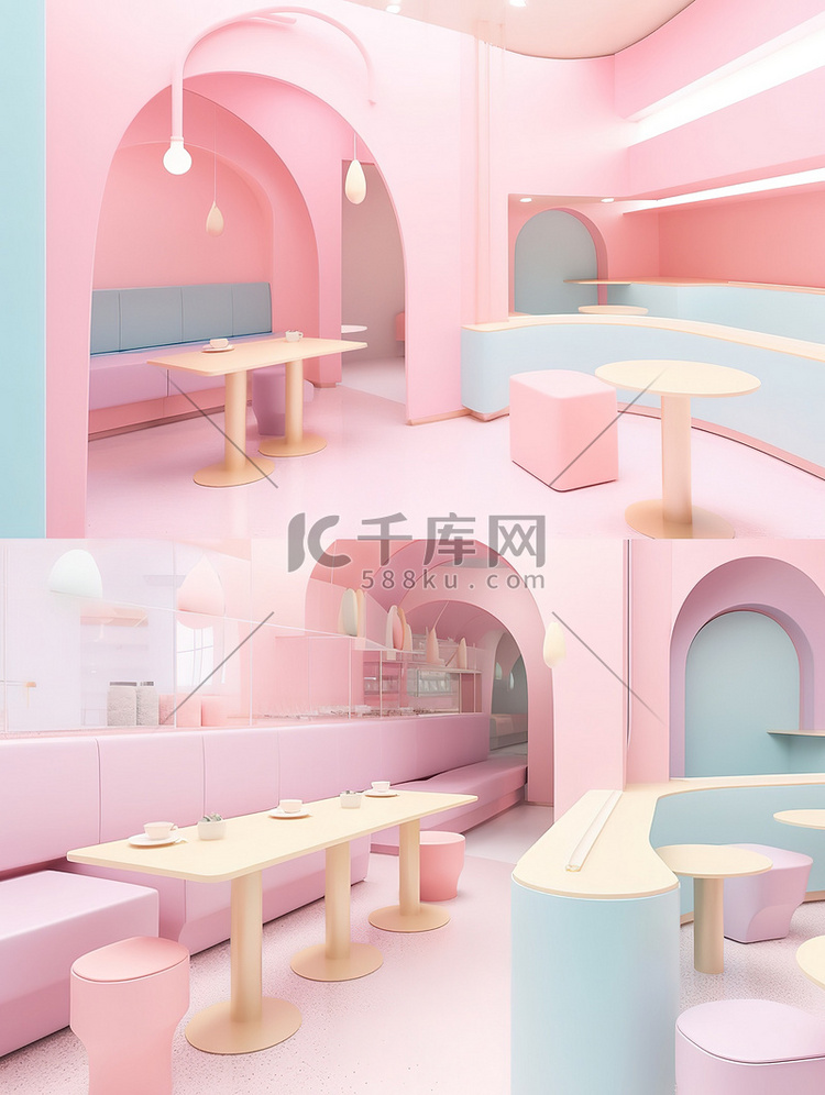 粉色的咖啡馆室内建筑设计