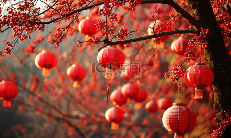 春节新年过年喜庆氛围树枝上挂着