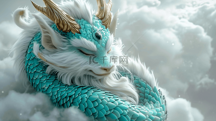 中国传统绿色龙在白云飞翔的背景