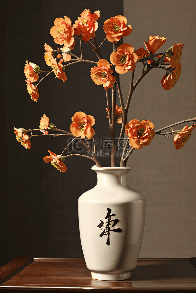 中国风陶瓷花瓶插着花朵摄影图片