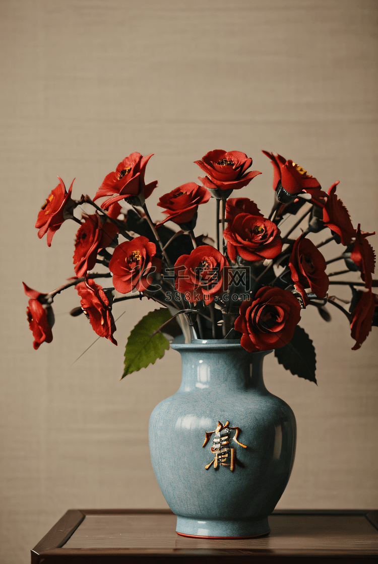 复古花瓶里插着美丽的花朵摄影图