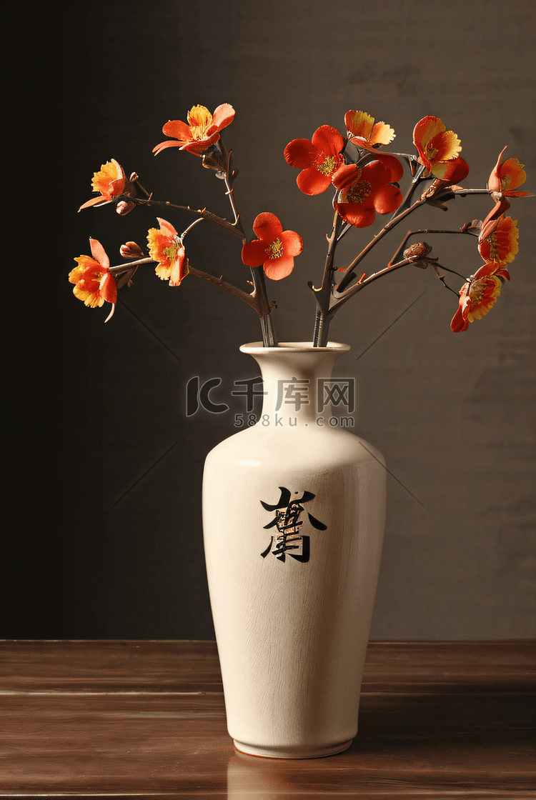 中国风陶瓷花瓶插着花朵摄影图2
