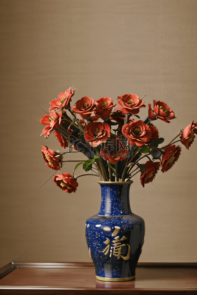 复古花瓶里插着美丽的花朵摄影配