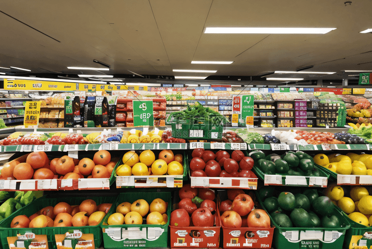 超市货架上的新鲜蔬菜水果摄影照