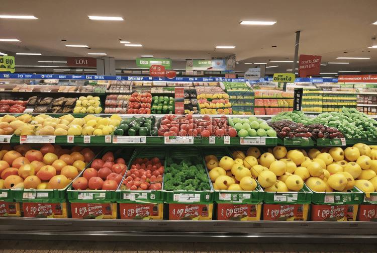超市货架上的新鲜蔬菜水果摄影图