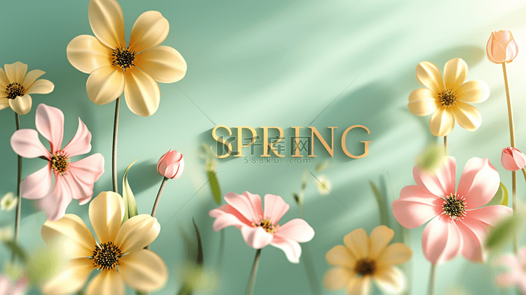春天文字SPRING和花朵背景