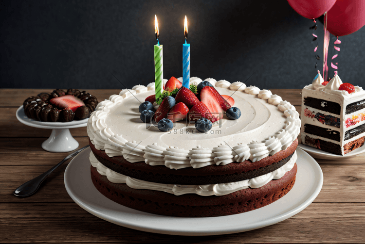 一个点上蜡烛的生日蛋糕摄影图2