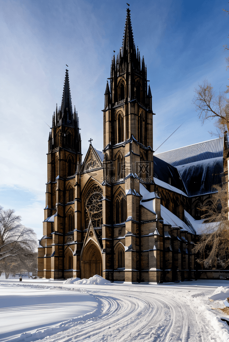 积雪下的教堂风光图摄影配图