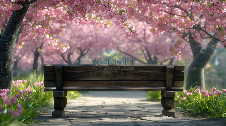 樱花树下的木椅子背景