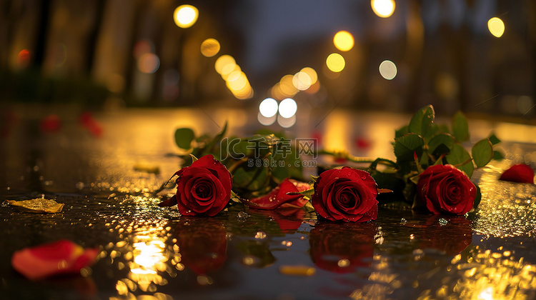 雨天地上的玫瑰花背景素材
