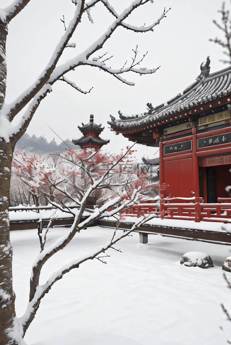 中式庭院厚厚积雪摄影照片4