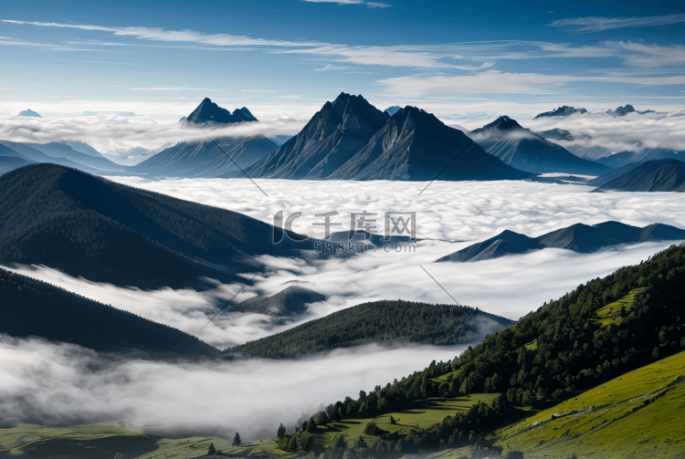 绿色高山山脉云雾摄影图0