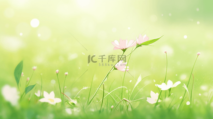 草地盛开粉色花朵清新背景3