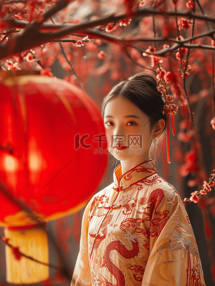 中国中式古风灯笼下穿古装的女子