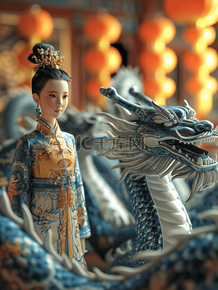 3D立体青花瓷中国春节龙年女孩