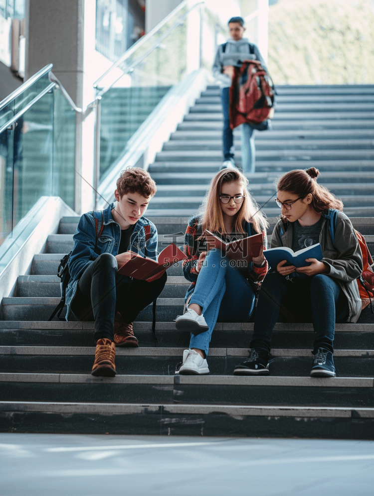 一群学生在校园楼梯上学习