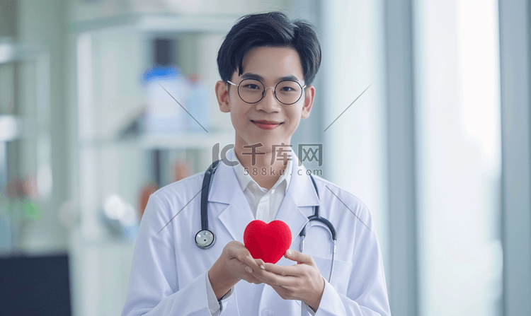 男医生手里拿着红色的心的背景