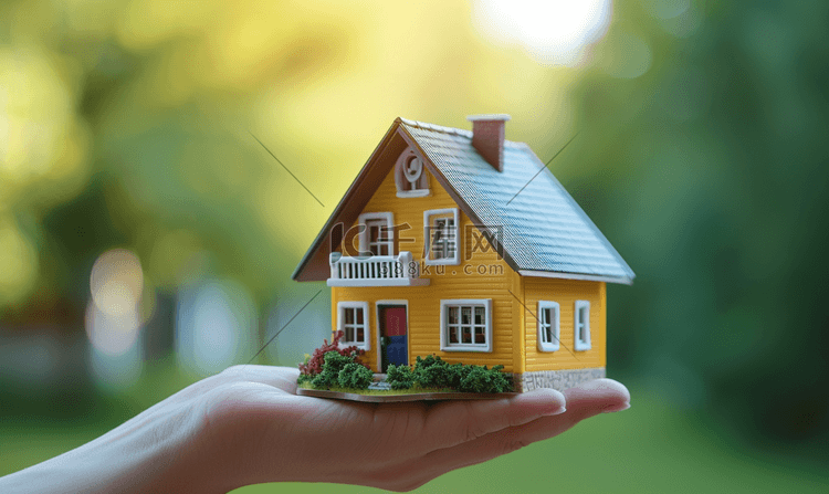 贷款房产在手里托住房子模型特写