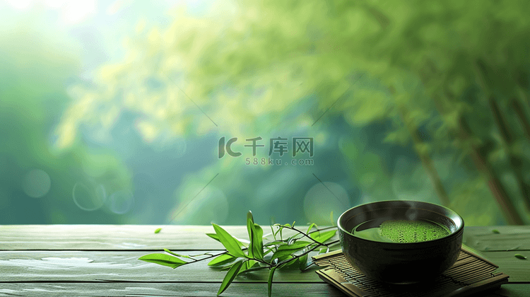 绿色场景阳光下中式茶杯喝茶的背