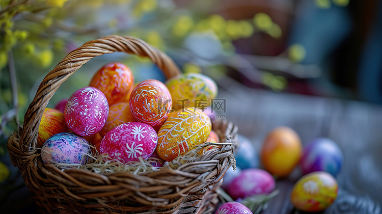 草地上篮子的彩蛋复活节背景图
