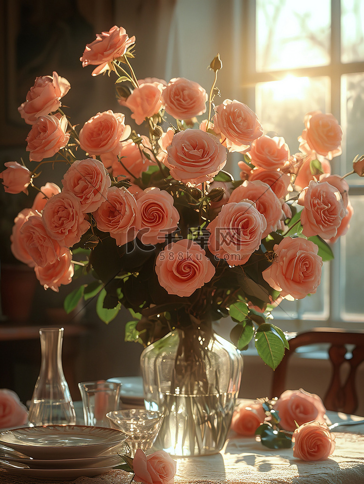 浪漫情人节桌子上摆满玫瑰图片