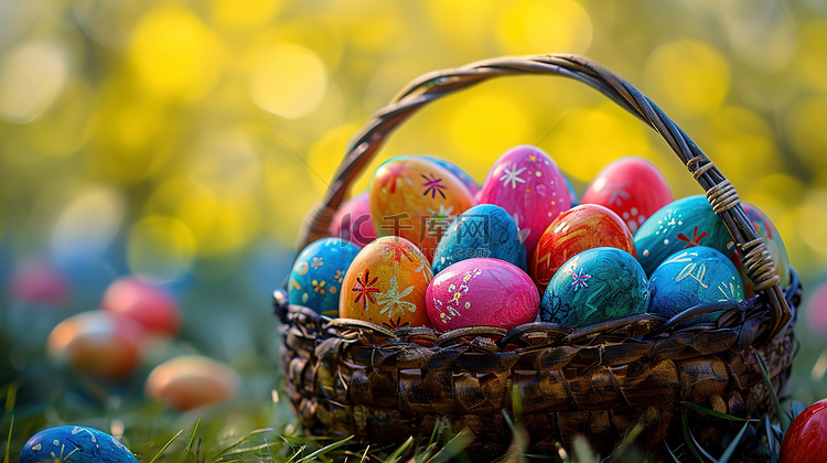 草地上篮子的彩蛋复活节图片