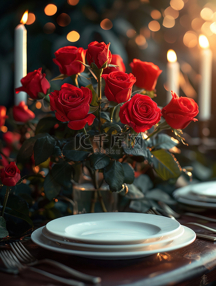 浪漫情人节桌子上摆满玫瑰背景素