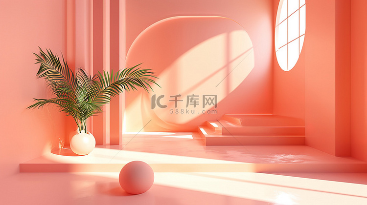 桃粉色室内建筑几何电商背景图片