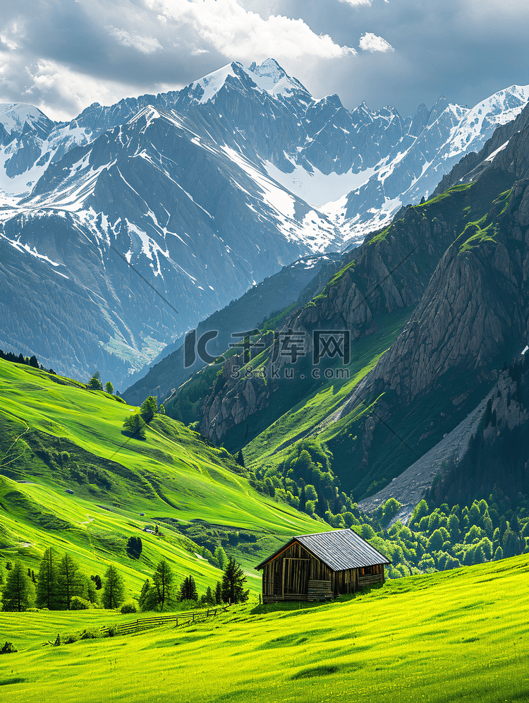 阿尔卑斯山鲜绿色的草地和白雪皑