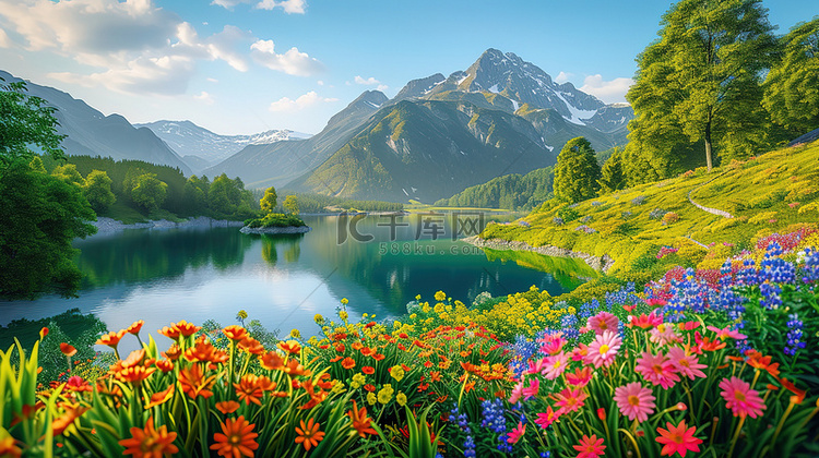 春天花朵环绕着湖泊背景素材