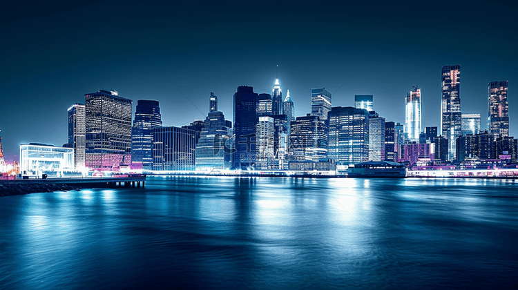 蓝色夜晚时尚现代化沿海城市背景