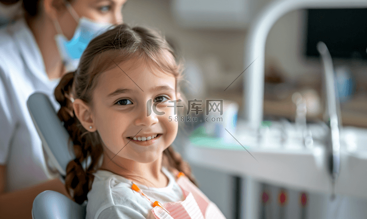 牙医椅可爱的小女孩和牙科医生