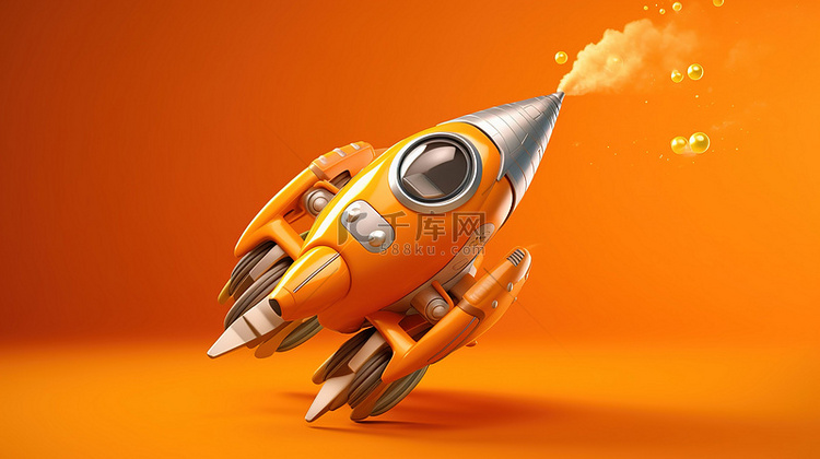橙色卡通火箭宇宙飞船在橙色背景