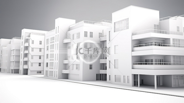 空白画布上的白色建筑 3d 渲