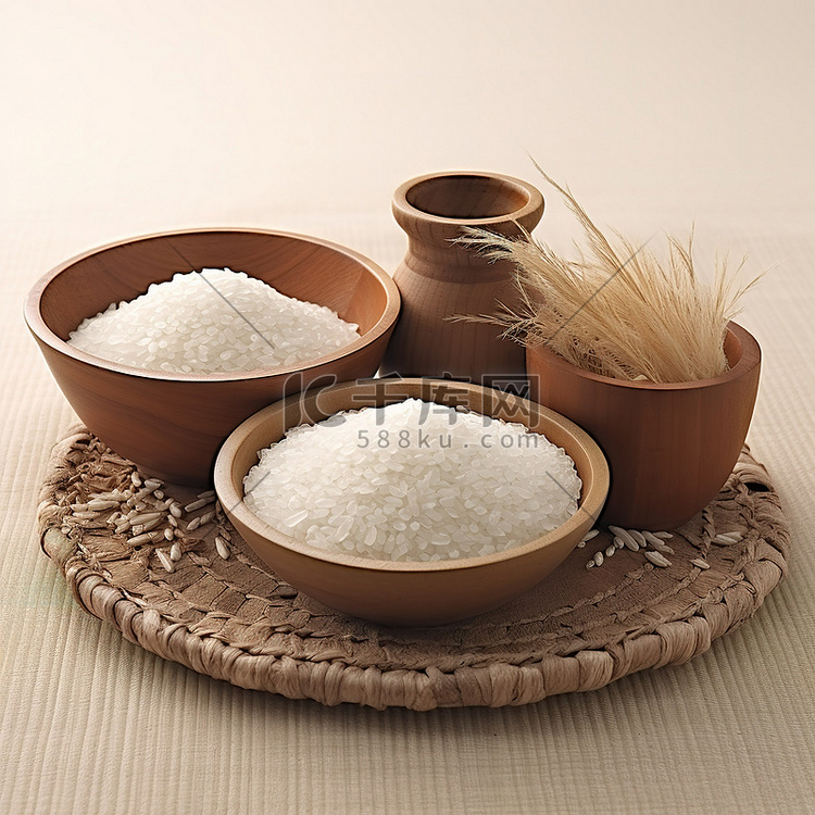三碗米饭配松果和木篮