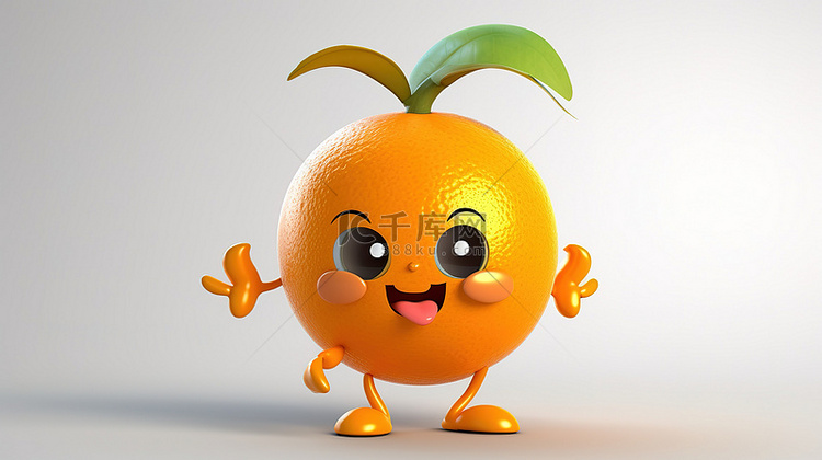 俏皮的 3D 卡通人物拿着橙色水果