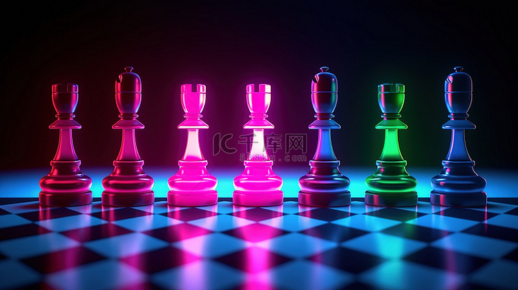 棋盘上的霓虹灯国际象棋棋子 3