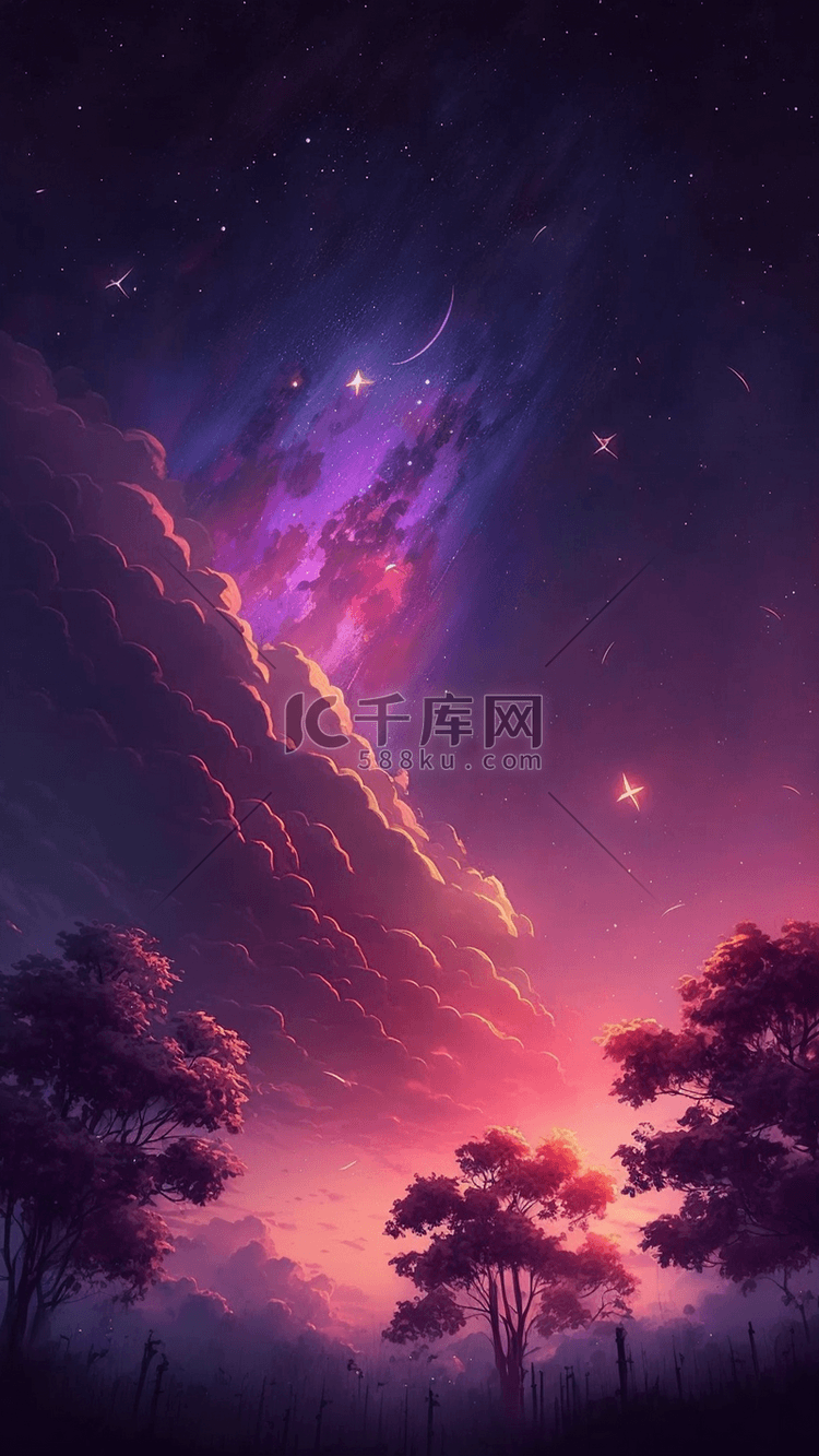 星空树木云层紫色唯美背景