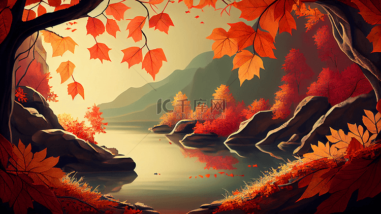 秋天落叶湖泊背景