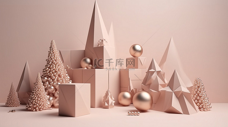 3D 渲染的圣诞树，装饰着几何