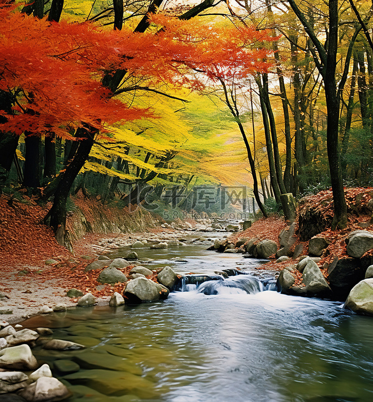 秋溪在自然森林里，有美丽的黄叶